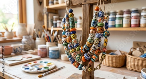 Vibrant Handmade Ceramic Beaded Necklace Displayed in an Artist's Studio Setting
