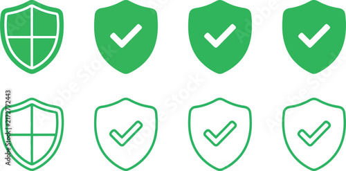 A collection of eight distinct green shield icons representing security, protection, verification, and safety in a clean, professional vector graphic design.