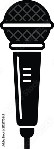 A bold black and white graphic illustration of a handheld dynamic microphone featuring a simple clean design for audio communication