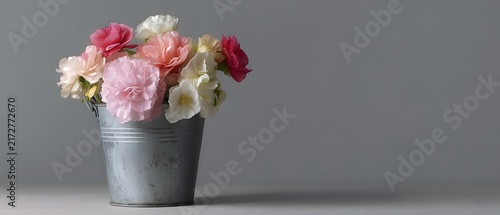 Elegant Pink Cherry Blossoms in Vintage Blue Zinc Metal Bucket