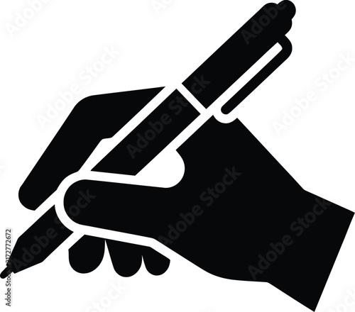 A bold black and white graphic icon illustration representing a human hand holding a writing pen while in the act