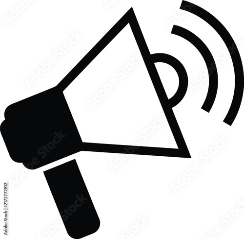 A bold black and white vector icon of a megaphone emitting sound waves representing communication, public announcements, and urgent digital marketing