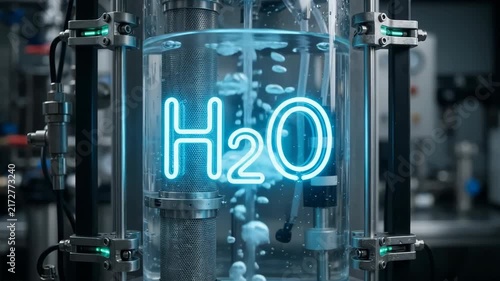 Clean Water Technologies Transparent Reactor, Bubbling Filtration Equipment, Glowing Molecular Symbols, and Advanced Industrial Laboratory Innovation