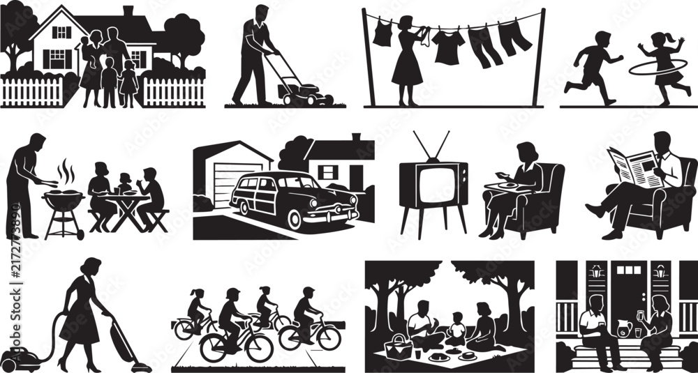 Fototapeta premium Set of suburban family life silhouette featuring gardening, housework, playing, watching tv, and relaxing at home on white background