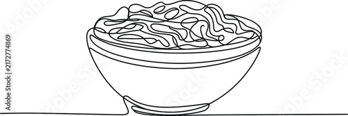 Continuous single line drawing of a bowl filled with tasty noodles or pasta food