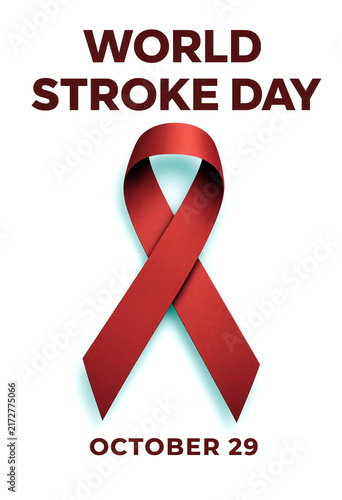 Red awareness ribbon for world stroke day campaign isolated with date information
