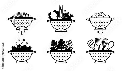 Kitchen Colander Uses Flat Vector Icon Set for Cooking and Food Preparation