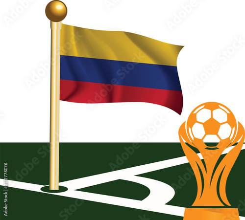 Photography Colombian flag with soccer trophy on a green field illustration
