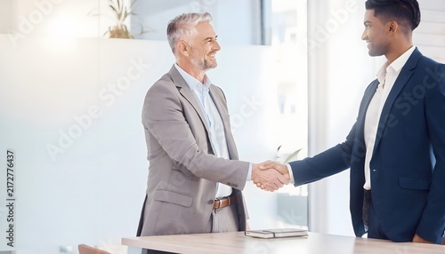Dos hombres de negocios estrechando la mano en una oficina luminosa como gesto de acuerdo profesional