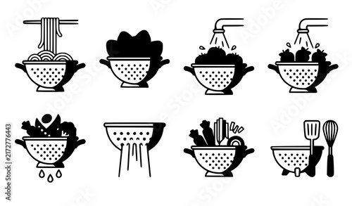 Food Washing and Draining Colander Flat Vector Icons Kitchen Preparation Collection