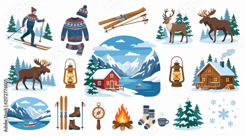 Winter Landscape Illustration with Snow-Covered Trees and Mountain Scene