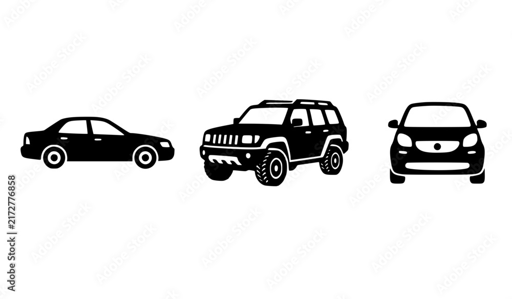 Fototapeta premium Car and vehicle types icons vector set featuring sedan profile view suv side perspective and compact hatchback automobile front view for transport design