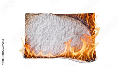 Cuadro en lienzo Crinkled paper sheet with burnt edges and flames, isolated on transparent backgr