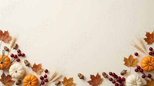 Thanksgiving day seasonal fall corner border with small pumpkins and colorful leaves