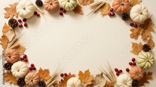 Thanksgiving day autumn wreath frame composed of pumpkins leaves pine cones with seasonal decoratio