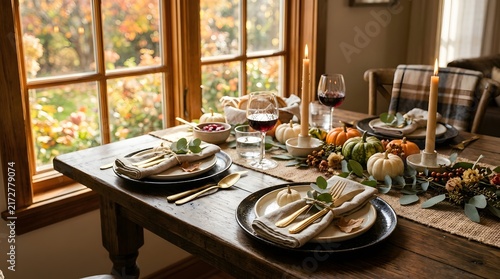 Thanksgiving day festive dinner table setting with autumn decorations candles wine glasses