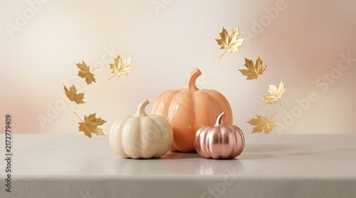 Thanksgiving day minimalist autumn composition with decorative pumpkins and floating golden leaves
