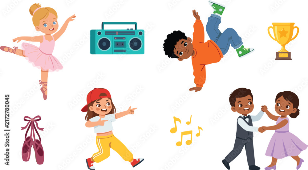 Fototapeta premium PrintCute Kids Dance Vector Character Set Featuring Ballet Dancer Breakdancer and Ballroom Dancing Children with Boombox and Trophy Elements for Creative Designs