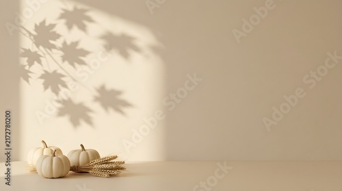 Thanksgiving day autumn scene with white mini pumpkins and maple leaf shadows on neutral wall