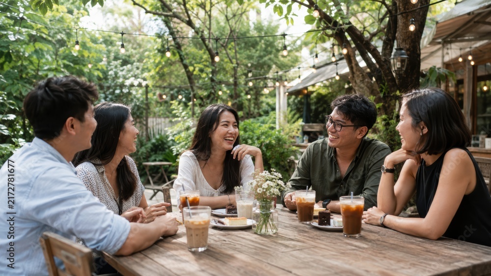 Obraz premium Five friends enjoy drinks and conversation at a rustic outdoor cafe surrounded by greenery on a sunny day.