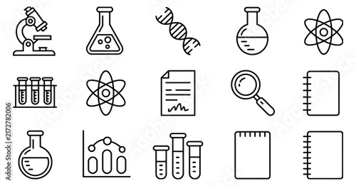Science Research Icon set, laboratory microscope and experiment symbols, editable outline stroke style for medical analysis, education and scientific study vector design.