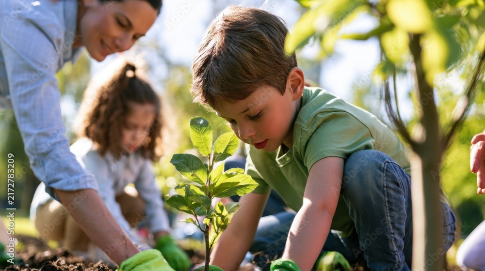 Fototapeta premium Children and adult working together to plant trees in a park during a sunny day