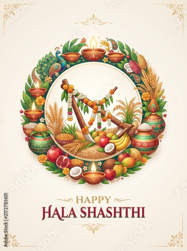 Hala Shashti festival illustration with colorful floral wreath, wooden plough, crops, fruits and traditional Hindu agricultural offerings