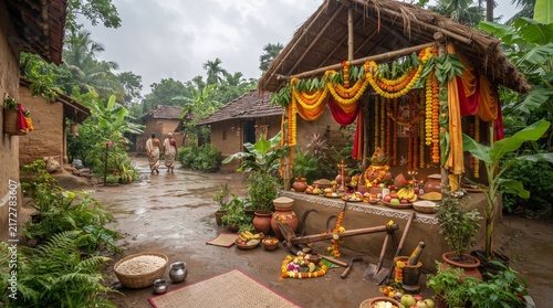 Hala Shashti Hindu festival celebration in a decorated rural courtyard with traditional puja offerings, flowers, fruits and farm tools