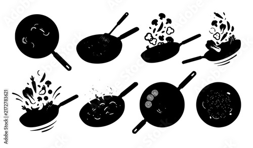 Healthy Vegetable Stir Fry Cooking Process Pan Flat Vector Illustration Set
