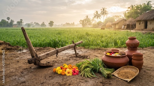  Hala Shashti Hindu agricultural festival with traditional wooden plough, farm tools, crops and ceremonial offerings in a village landscape