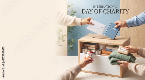 Hands placing donated items into a charity box representing generosity, community support, humanitarian aid and charitable giving