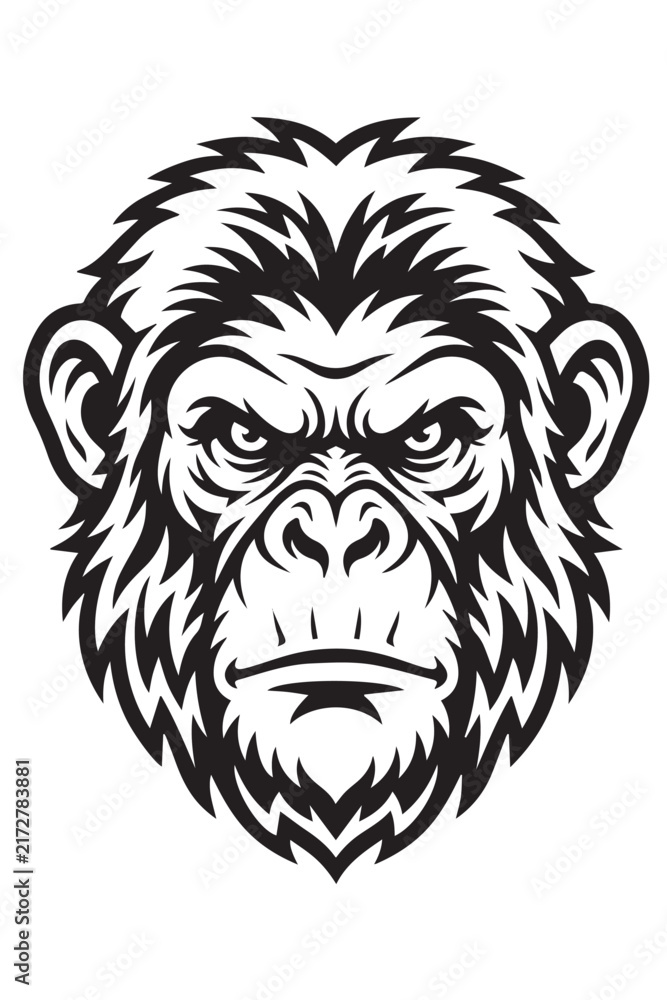 Fototapeta premium Fierce Chimpanzee Head Black and White Mascot Illustration