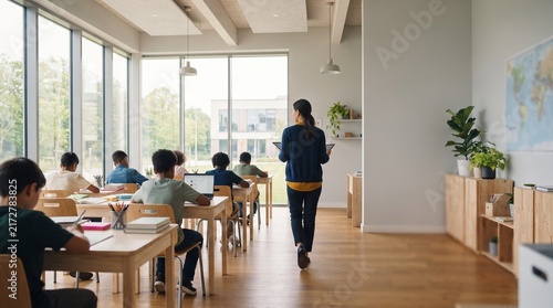 Teacher walking through a bright classroom with students during a modern education and learning session