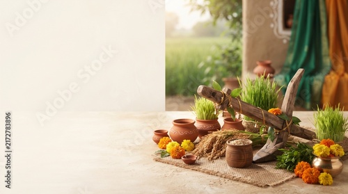 Traditional Hala Shashti festival worship scene with wooden plough, fresh crops, fruits, flowers and rural Indian agricultural elements