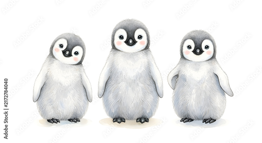 Fototapeta premium Cute group of three little penguins standing in a watercolor painting style on white