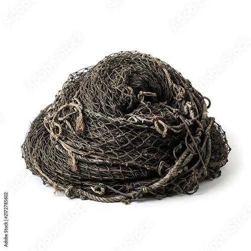 A large, tangled pile of dark brown fishing net, showing intricate knots and rope textures, isolated on a clean white studio background