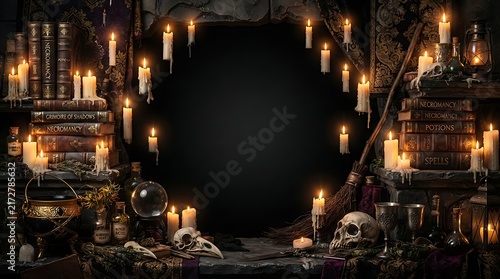 Dark mystical background with glowing candles and vintage books surrounding a central empty space for text