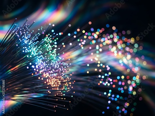Colorful fiber optic lights close up rainbow bokeh glowing strands abstract technology background