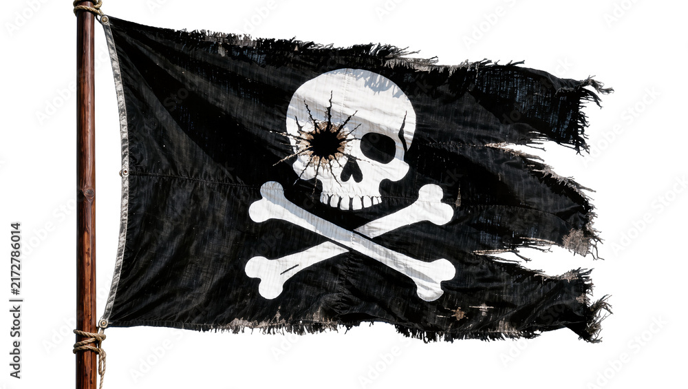 Naklejka premium Tattered black pirate flag with skull and crossbones, isolated on transparent background