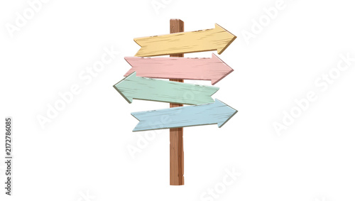 Foto Wooden directional signpost with four pastel colored arrow signs, isolated on tr