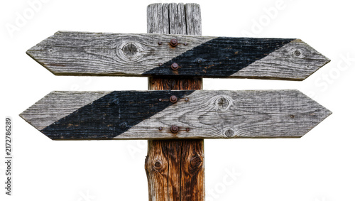Foto Weathered wooden directional signpost with black stripes, isolated on transparen