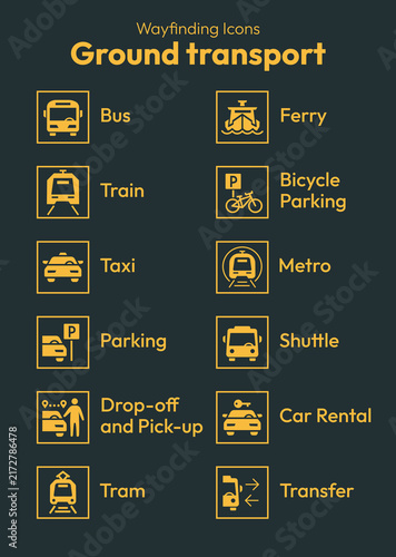 Ground transport vector icon set. Wayfinding pictograms for stations and airports