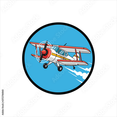 Retro vintage biplane airplane flying in blue sky circle badge vector illustration.