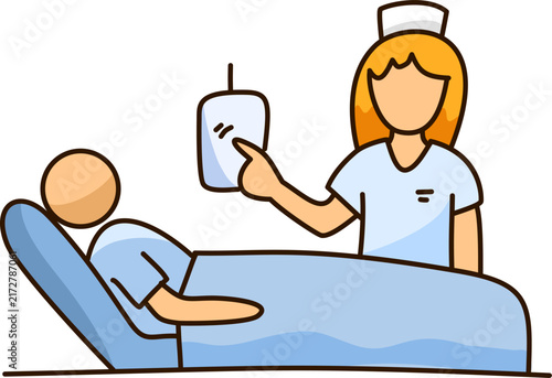 nurse adjusting intravenous infusion drip bag for hospitalized patient