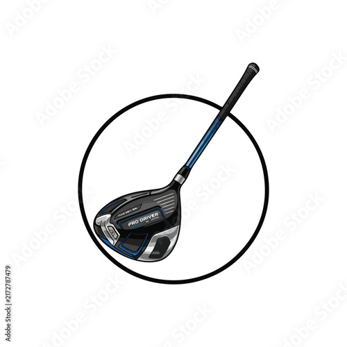 Professional hybrid golf club driver vector illustration isolated inside black circle frame.