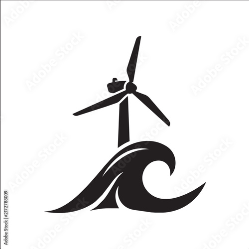 Offshore wind turbine and ocean wave icon vector illustration