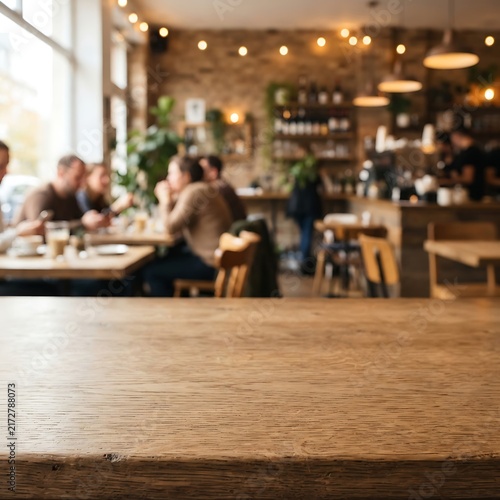 Blurred view of a busy cafe interior with a rustic wooden table in the foreground, creating a warm and inviting atmosphere for dining concepts