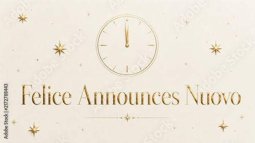 Gold new year clock with festive stars on cream background