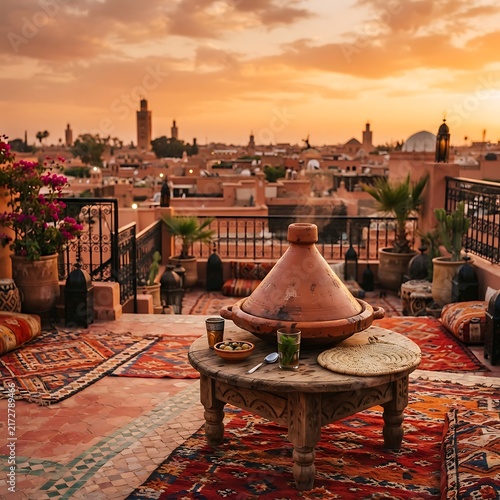 Traditional moroccan tagine on a wooden table on a rooftop terrace overlooking the city of marrakech during a warm golden sunset hour