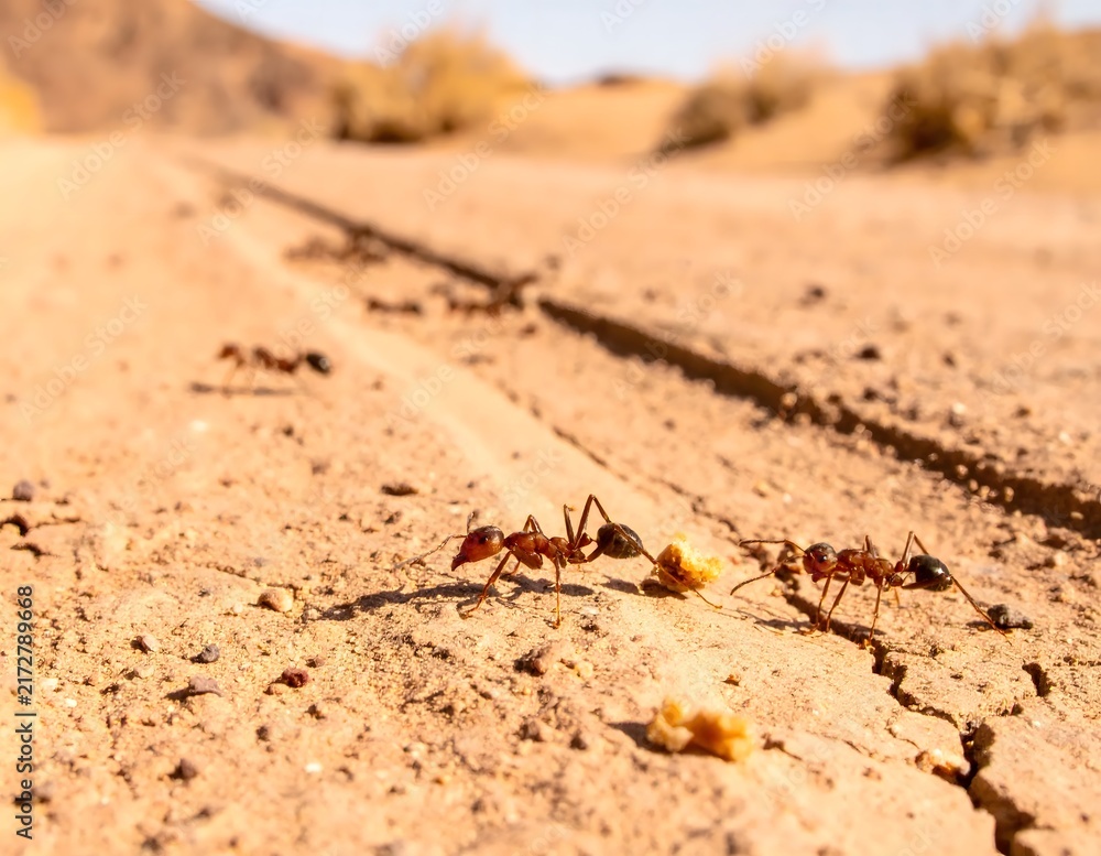 Obraz premium Desert ants working together to carry food on a dusty trail in the warm sunlight